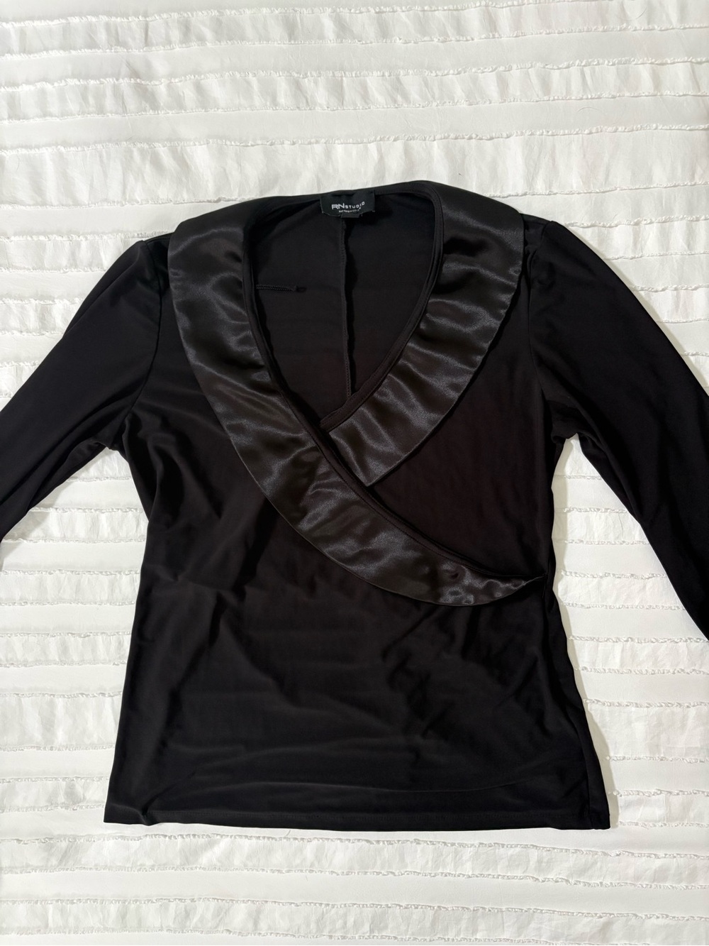 Black Satin-Trim Wrap Top